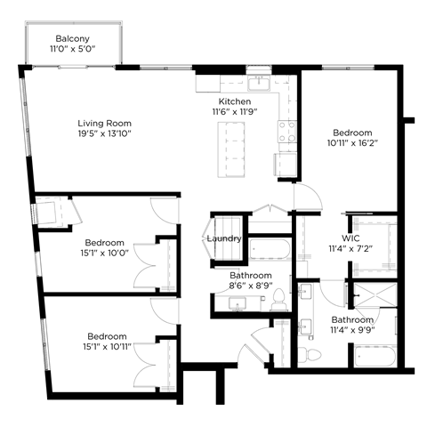 Floor plan for 3 beds, 2 baths, 1516 sqft